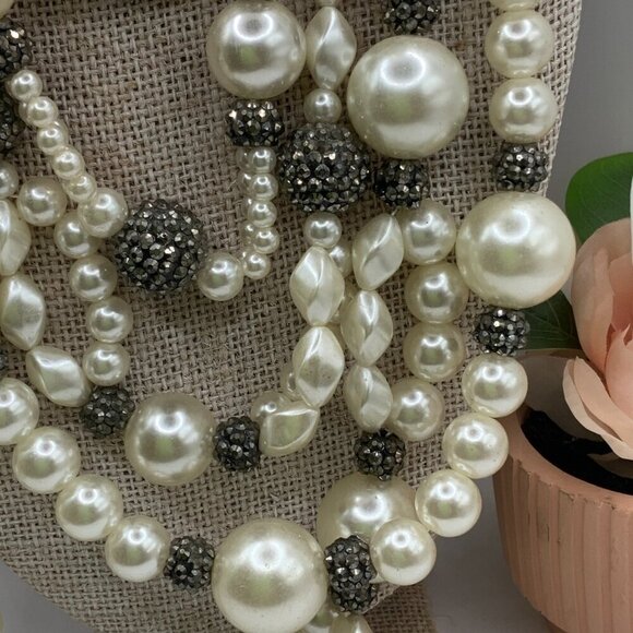 Julies B Multi Strands Faux Pearls Black Hematite Rhinestone Rondelles Necklace - Picture 5 of 8